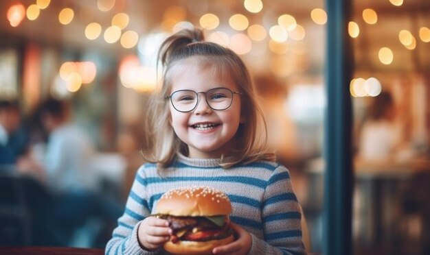 Foto linda chica feliz de 7 años con un fondo de café borroso de hamburguesa