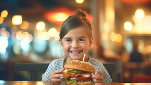 Linda chica feliz de 7 años con un fondo de café borroso de hamburguesa