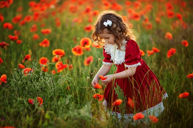 Linda chica feliz con el pelo rizado en un vestido rojo vintage con encaje en los rayos del sol poniente en un campo de amapolas.