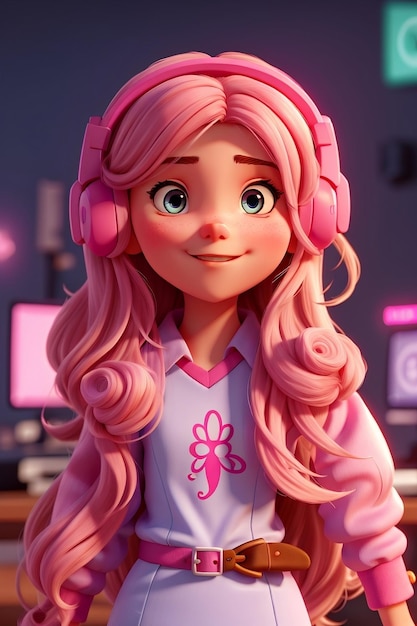 Foto linda chica gamer con auriculares rosas tema rosa