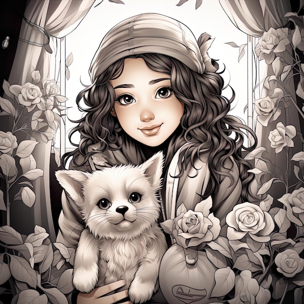 linda chica con gatito y cachorro en el estilo de ilustración de fantasía colores románticos alto detallado
