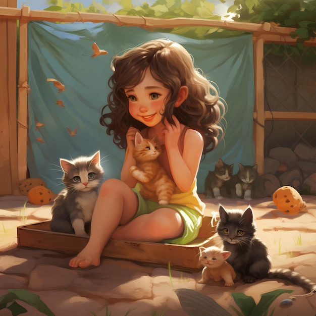 Linda chica jugando con gatito