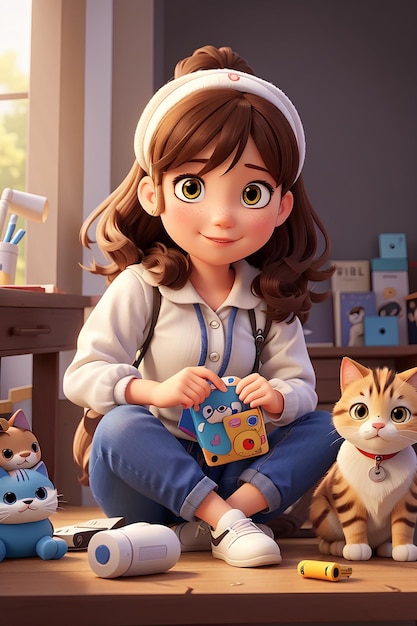 Linda chica jugando con gato personaje de dibujos animados mano dibujar ilustración de arte