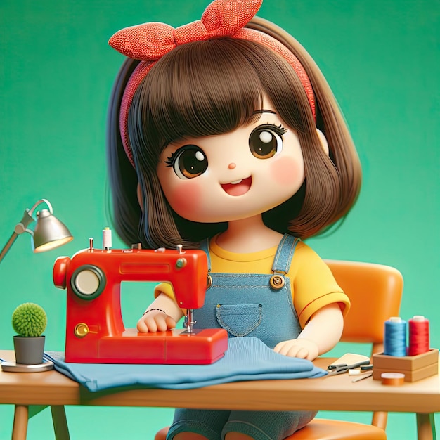 Una linda chica kawaii sentada en una mesa detrás de una máquina de coser cosiendo ropa en 3D