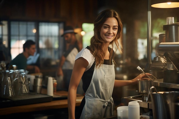 Linda chica morena barista café personal vertiendo agua de la tetera y preparando café con filtro detrás de cou