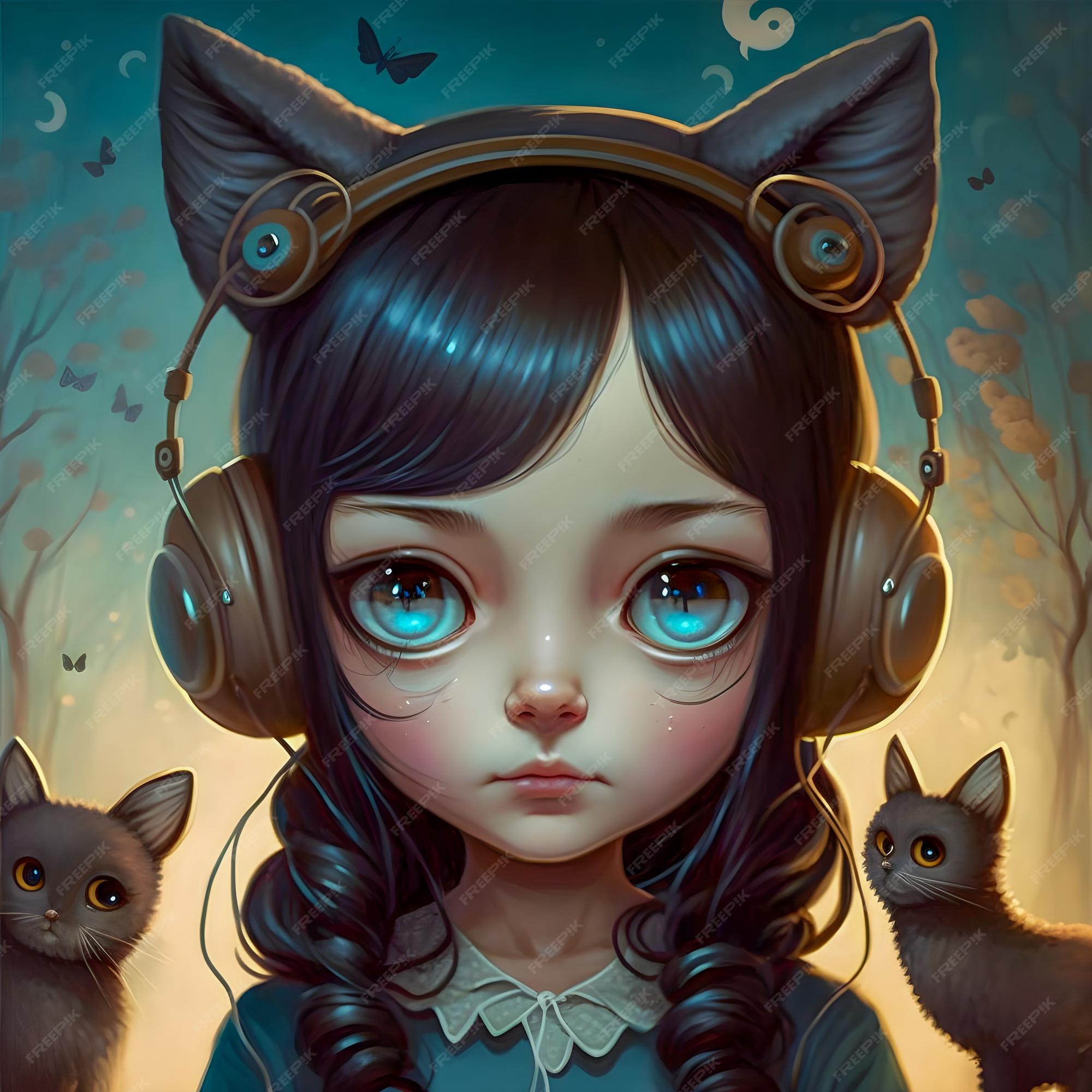 Linda chica morena kawaii anime usando auriculares con ilustración de orejas de gato | Foto Premium Linda chica morena kawaii anime usando auriculares con ilustración de orejas de gato | Foto Premium