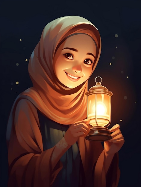 Linda chica musulmana con hiyab sosteniendo lámpara Generado por IA