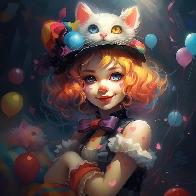 una linda chica payaso y un gato