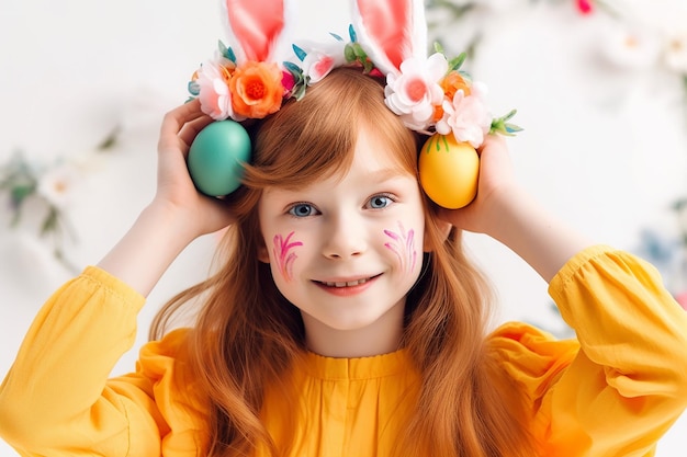 Linda chica pelirroja con orejas de conejo sosteniendo huevos de Pascua en la cara aislada sobre fondo blanco IA generativa