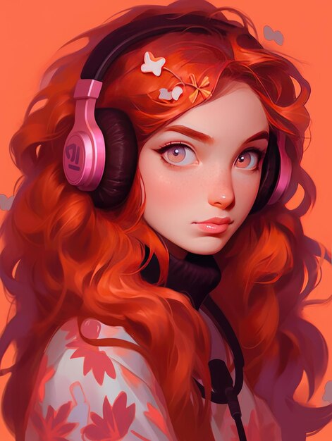 linda chica con el pelo rojo usando auriculares