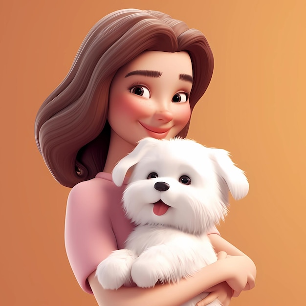 Linda chica de personaje 3D abrazando a un cachorro blanco y esponjoso