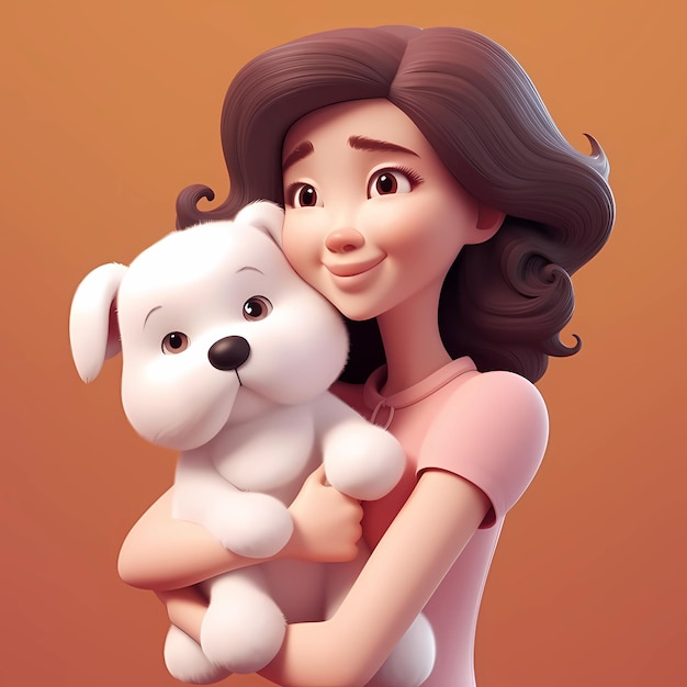 Linda chica de personaje 3D abrazando a un cachorro blanco y esponjoso