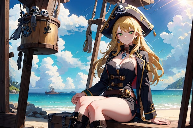 Una linda chica pirata en la ilustración de la isla del tesoro