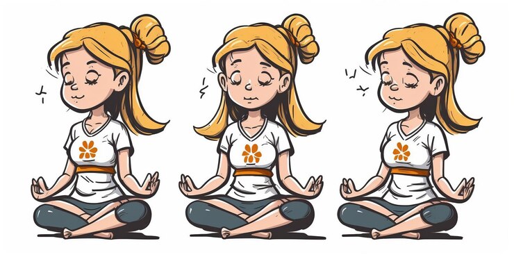 Linda chica en pose de loto practicando yoga pose lateral estilo de dibujos animados