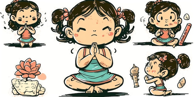 Linda chica en pose de loto practicando yoga pose lateral estilo de dibujos animados