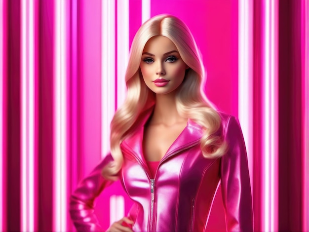 Linda chica rubia estilo muñeca en moda vestido rosa estudio rosa pastel fondo