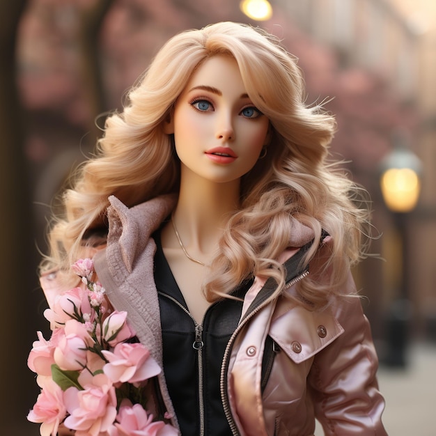Linda chica rubia inspirada en Barbie en el país de las maravillas rosa