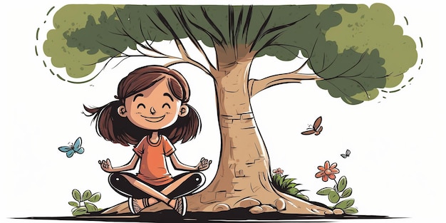 Linda chica sonriente con zapatos en pose de loto practicando yoga bajo una pose de árbol
