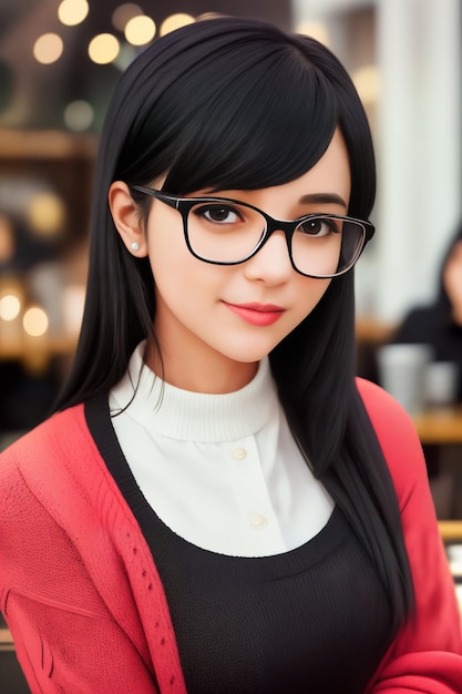 Linda chica en un suéter cabello negro gafas negras caminante se sienta en un café AI generado AI generativ