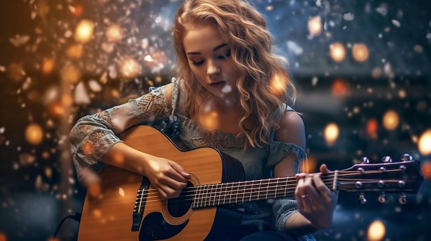 linda chica tocando la guitarra y el fondo del brillo del humo generativo AI