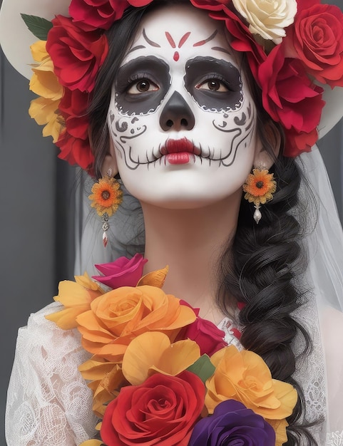 Linda chica con traje nacional y corona de flores de azúcar.