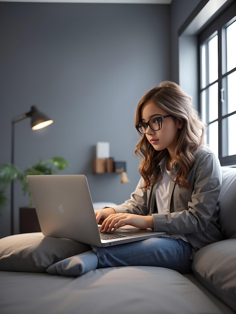 Foto una linda chica usando una computadora portátil en la habitación