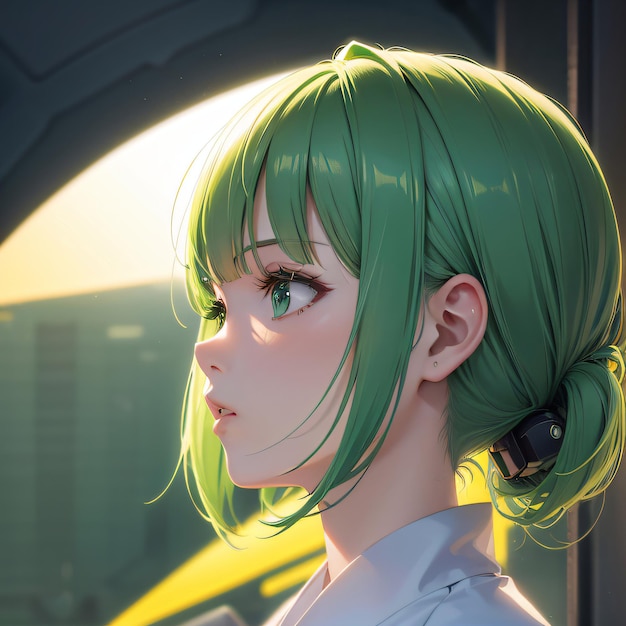 Linda chica verde cabello corto anime scifi fondo generativo AI ilustración arte