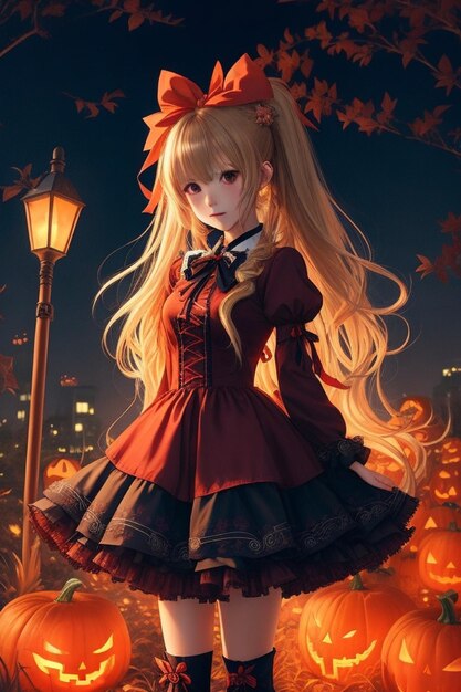 Linda cinta susurra a una chica rubia de anime con atuendo rojo de Halloween