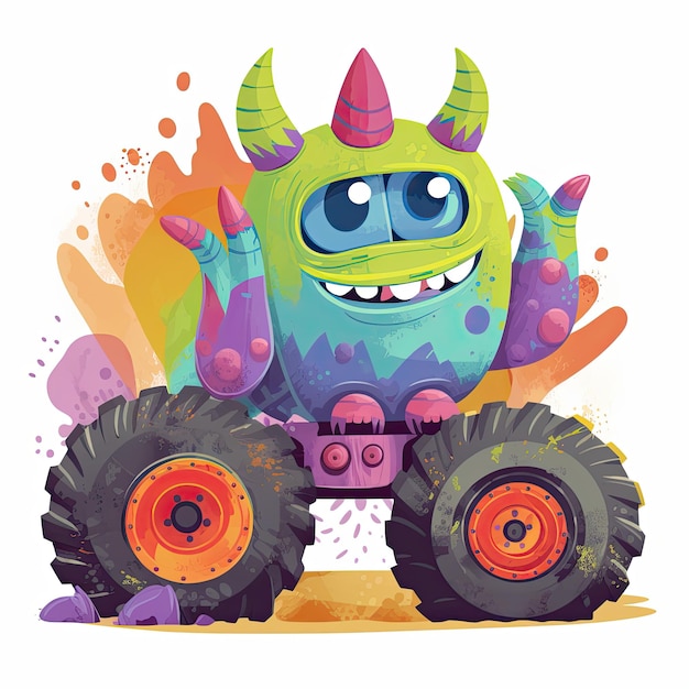 Linda colección de dibujos animados de camiones monstruos Ilustración de camiones monstruos con cuerpos coloridos Lindo bebé de camiones monstruos con caras felices Conjunto de ilustración de camiones generado por IA