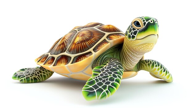 Una linda y colorida representación 3D de una tortuga marina Tiene un cuerpo verde claro y una concha amarilla con manchas marrones