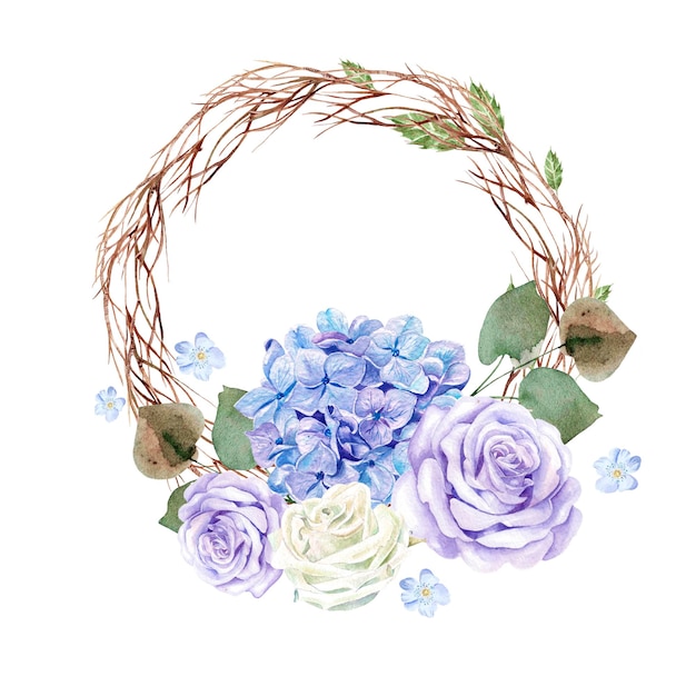 Linda coroa de aquarela brilhante com flores de hortênsia e ilustração de rosas