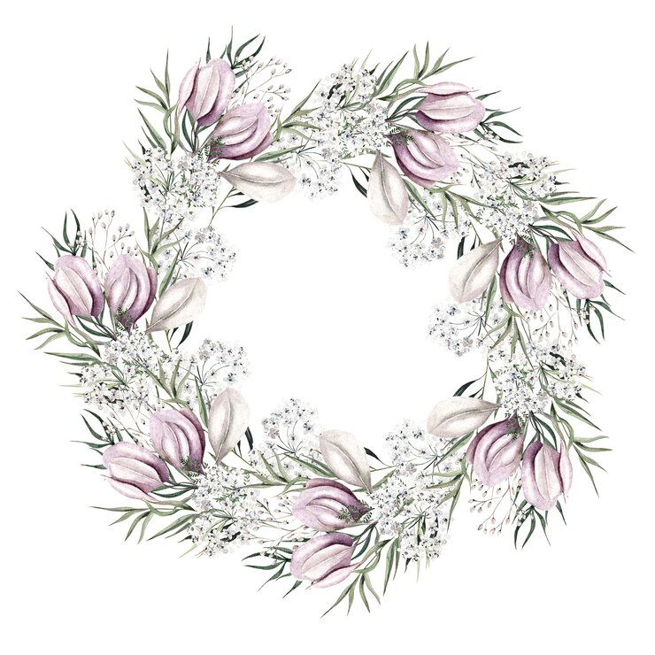 Foto linda coroa de flores em aquarela com flores rosas brancas em forma redonda em fundo branco
