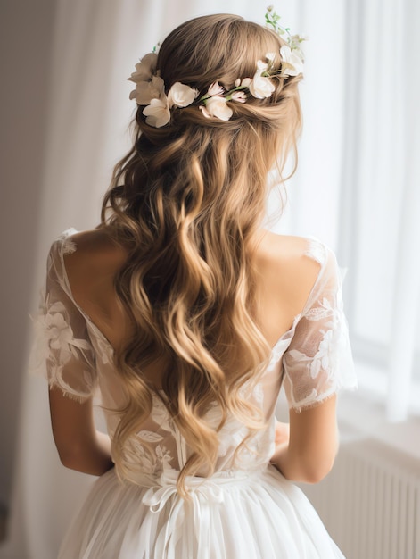 linda coroa floral com penteado de ondas soltas para evento de penteado de casamento de noiva