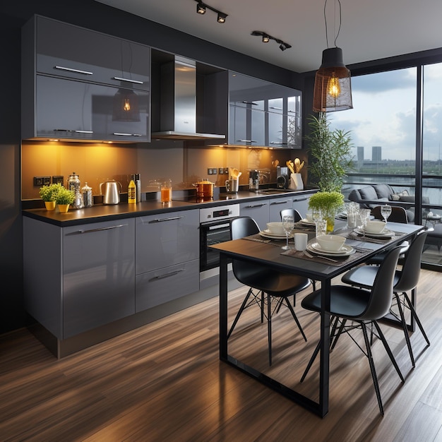 Linda cozinha moderna cinza em um apartamento de luxo com eletrodomésticos de aço inoxidável Generative AI