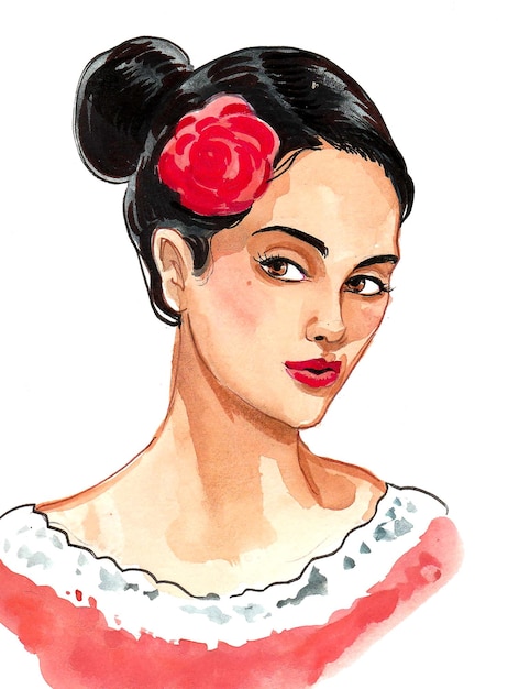 Linda dançarina de flamenco. Desenho a tinta e aguarela