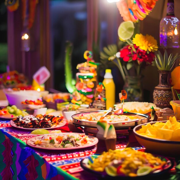 Linda decoração de festa mexicana com comida