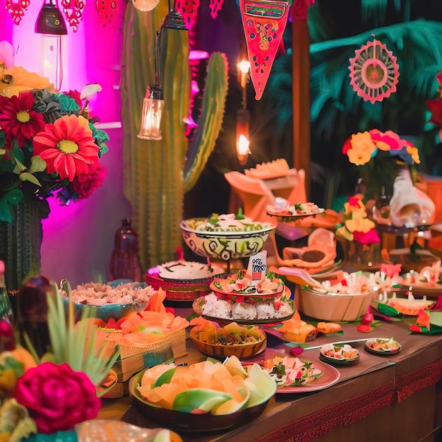 Linda decoração de festa mexicana com comida