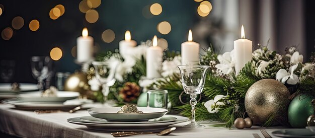 Linda decoração de mesa festiva com detalhes em verde e branco