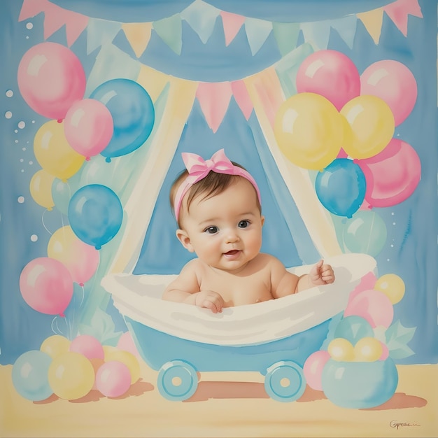 Linda diadema rosa bebé con globos de colores pastel