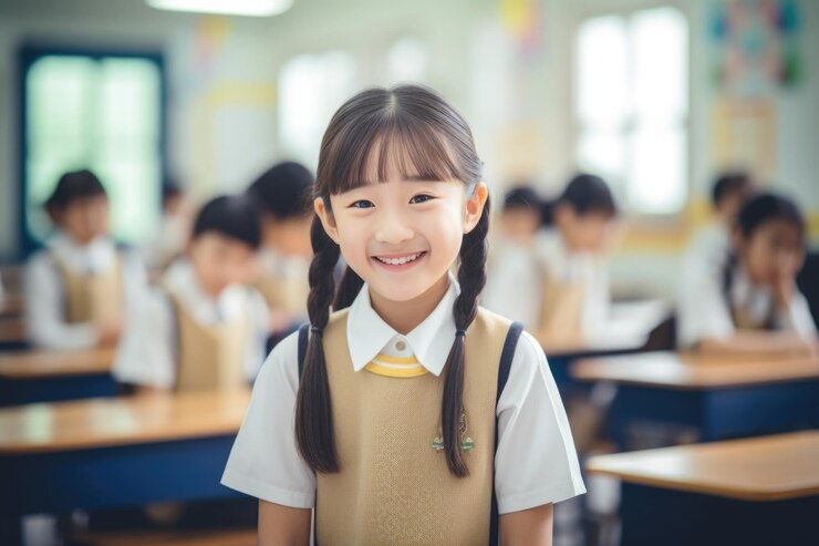Una linda y divertida colegiala sonriente parada en el aula