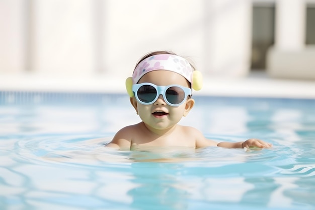 Una linda y divertida niña pequeña con gafas de sol relajándose y flotando en la piscina se divierte durante las vacaciones de verano en un resort tropical