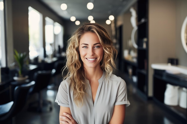 Linda dona de salão de beleza em salão de cabeleireiro