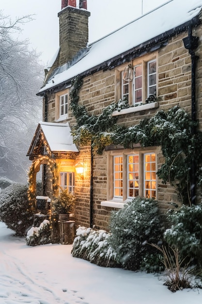 Linda e charmosa casa de campo inglesa decorada para o Natal no inverno Generative AI