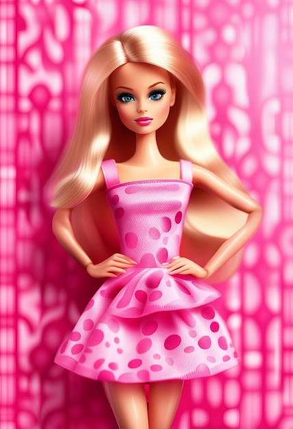 Foto linda e estilosa boneca barbie com roupa da moda se posiciona contra um fundo rosa