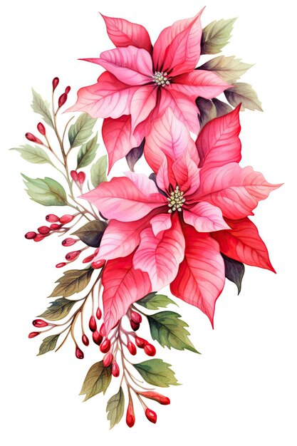 Linda e exuberante guirlanda de poinsétia rosa de Natal em fundo branco ilustração aquarela detalhada