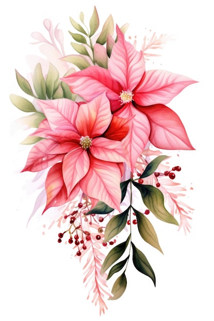 Linda e exuberante guirlanda de poinsétia rosa de Natal em fundo branco ilustração aquarela detalhada