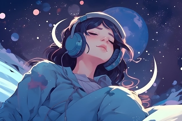 Linda e fofa garota de anime flutuando no espaço ouvindo música em seus fones de ouvido Estilo Manga Relaxante Generative Ai Lofi hip hop music Study girl chilling Generative Ai