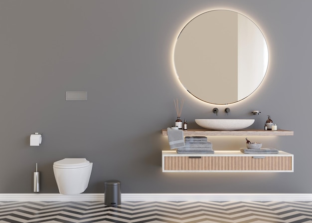 Linda e moderna sala de banheiro WC lavatório parede cinza Interior de casa ou hotel em estilo contemporâneo Design de banheiro de luxo Projeto de design de interiores 3D render