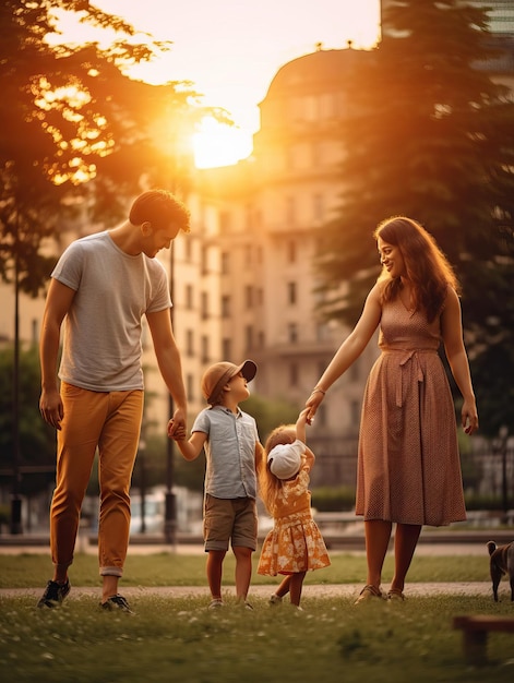 Foto linda e sorridente adorável família no parque