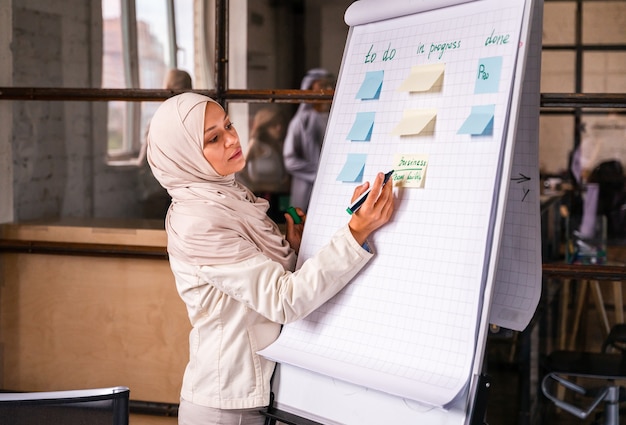 Linda empresária do Oriente Médio usando um hijab trabalhando em seu escritório